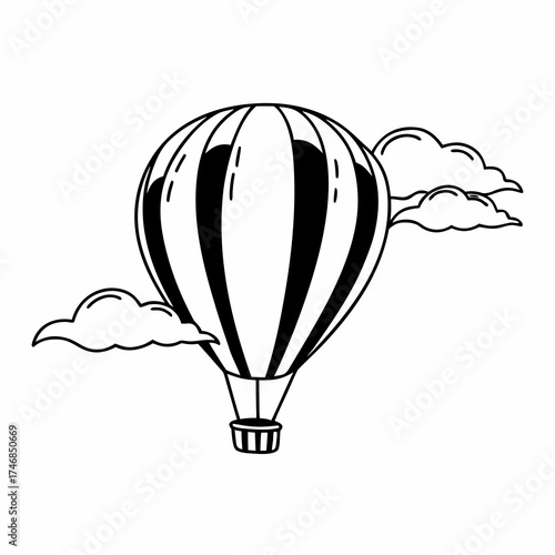 Illustration of a hot air balloon flying in the sky with clouds, the balloon is striped and has a basket hanging below the clouds are fluffy and white, creating a whimsical scene