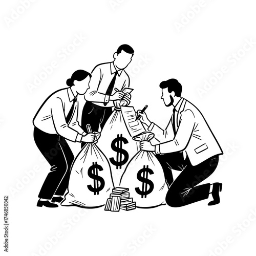 Hand drawn illustration, group of people pulling money in sack, Finance Team Managing Money Bags and Assets business illustration.
