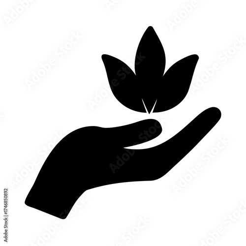 Vector art of hand holding a sprout silhouette, symbolizing growth, care, and environmental consciousness, conveying a message of nurturing and sustainability in a simple design