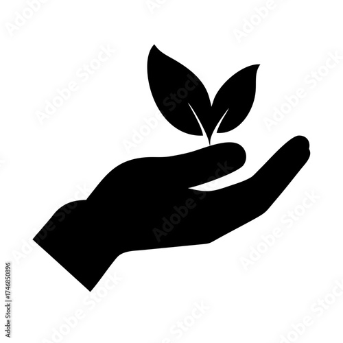 Vector art of hand holding leaves silhouette, representing nature, growth, and environmental stewardship, conveying a message of care and sustainability in a minimalist design