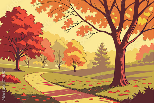  vibrant autumn landscape,scenic autumn forest,fall foliage trees,winding path through autumnal park,vivid seasonal colors,warm lighting,detailed nature scene,stunning outdoor scenery,lush forest wi