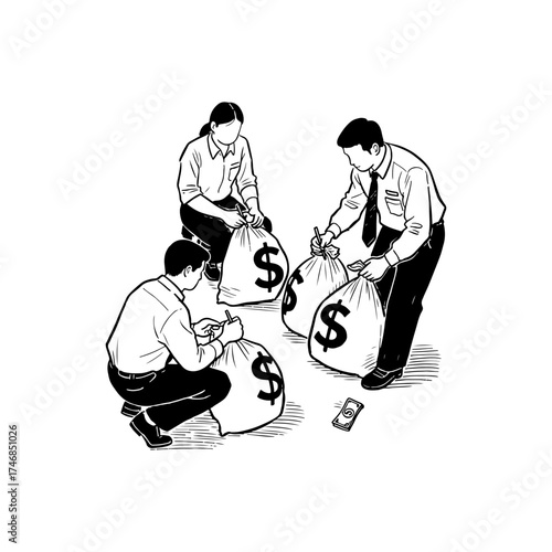 Hand drawn illustration, group of people pulling money in sack, Finance Team Managing Money Bags and Assets business illustration.

