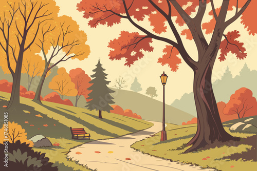  vibrant autumn landscape,scenic autumn forest,fall foliage trees,winding path through autumnal park,vivid seasonal colors,warm lighting,detailed nature scene,stunning outdoor scenery,lush forest wi