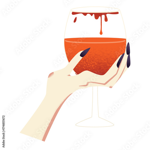 Witch or vampire hand holding a glass of wine blood