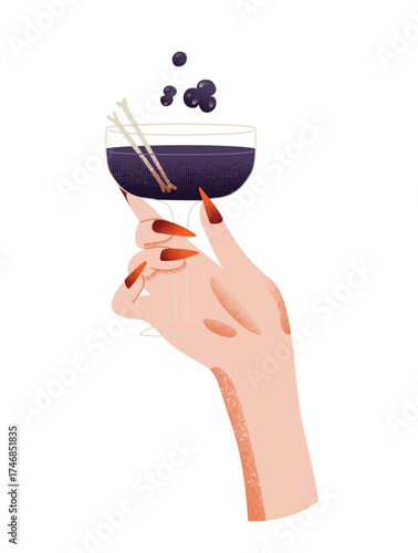 Hand holding a glass with potion, magical and spooky Halloween illustration