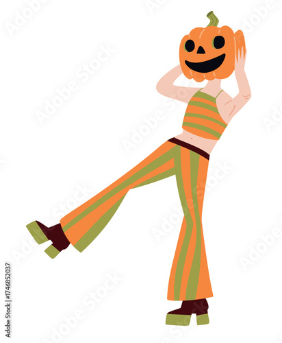 Person in pumpkin costume for halloween. Funny spooky character illustration with orange outfit, autumn and holiday design.