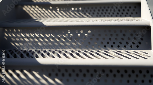 Wallpaper Mural Metallic steps with circular and linear perforations, creating a mesmerizing play of light and shadow on the steps. Industrial design detail. Torontodigital.ca