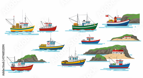 A collection of cartoon fishing boats floating near small rocky islands with houses