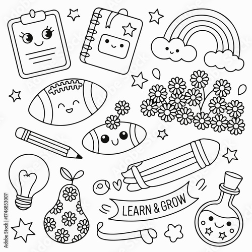 Learn and Grow A Whimsical Doodle Featuring Notebooks, Footballs, Pencils, a Rainbow, Flowers, and a Science Flask, Encouraging Learning and Development