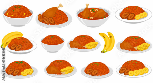 A tiled pattern of various servings of Jollof rice with plantain and chicken