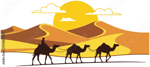 Desert Caravan Journey Across Sunny Sand Dunes