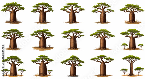 A grid pattern of fifteen distinct baobab tree illustrations on a white background