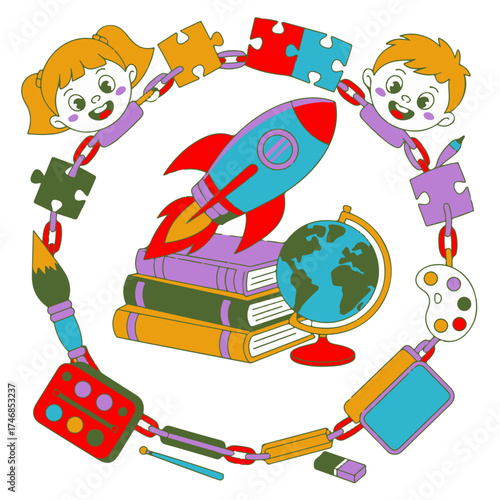 School girl and boy with books and globe vector illustration for back to school concept