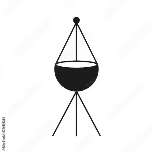 Simple black silhouette icon of a cauldron or pot suspended over a tripod stand, symbolizing cooking, magic, or brewing elements