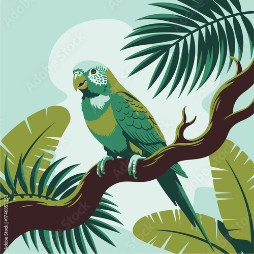 Cute cartoon blue and yellow macaw parrot with a green leaf sits on a nature tree branch