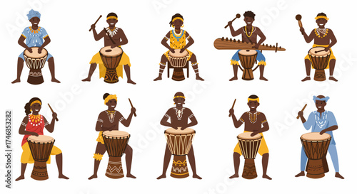 African musicians playing various traditional drums and a stringed instrument