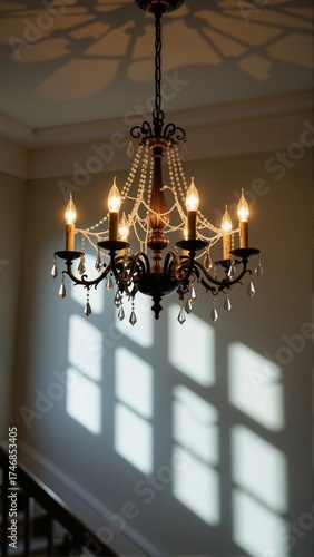Spider chandelier hanging ceiling casts warm glow, intricate design illuminated. Concept of cozy, inviting atmosphere, perfect for Halloween.