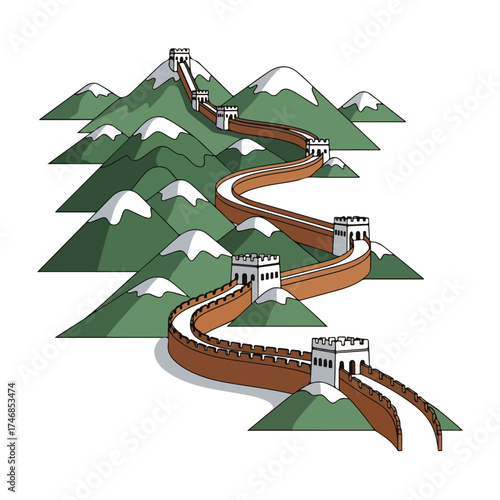 Great Wall of China winding through green mountains