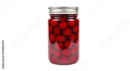 Photos Isolated mason jar of maraschino cherries in syrup for dessert garnish or baking