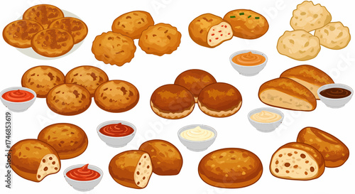 Assortment of brown fried spherical and sliced snack foods with dipping sauces