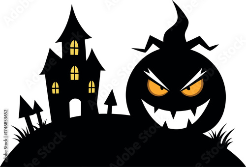 Halloween pumpkin silhouette with angry face, spooky jack-o’-lantern vector illustration