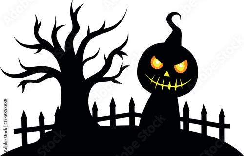 Halloween pumpkin silhouette with glowing eyes, creepy jack-o’-lantern vector design