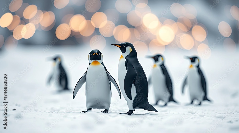 Obraz premium Origami-style penguins in snow, geometric folded paper design with bokeh and soft background
