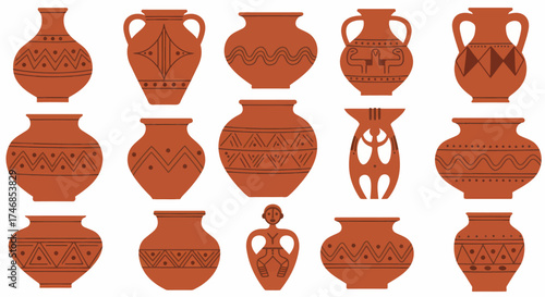 Collection of fifteen distinct terracotta pottery vessels with geometric and figural engravings