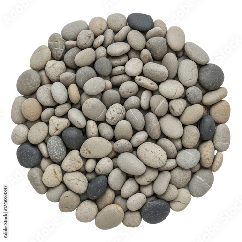 Isolated circular arrangement of smooth grey beach pebbles and river stones