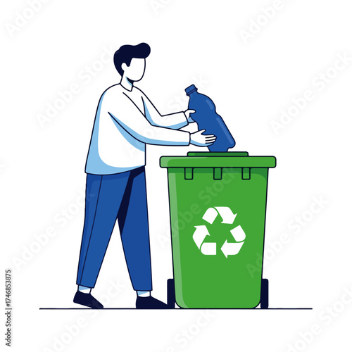 Man Responsibly Recycling Plastic Bottle into Green Bin