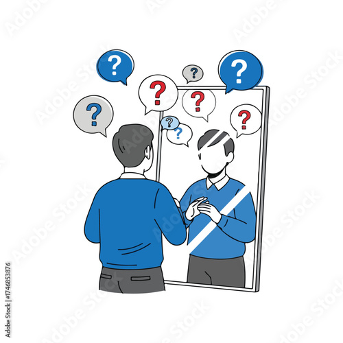 Man Facing Self-Doubt and Uncertainty in Mirror