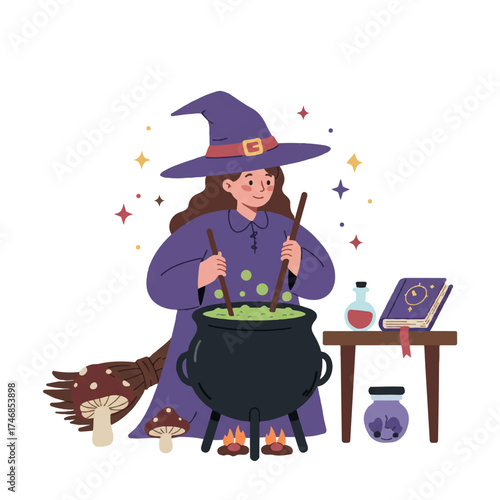 Friendly witch stirs a bubbling cauldron with potion ingredients including a toadstool and spellbook in a cozy magical laboratory, vibrant 2D flat vector illustration.