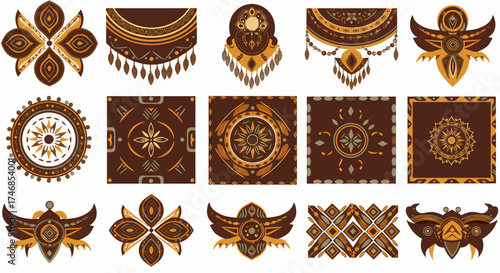Collection of tribal ethnic and geometric decorative vector elements in brown and gold