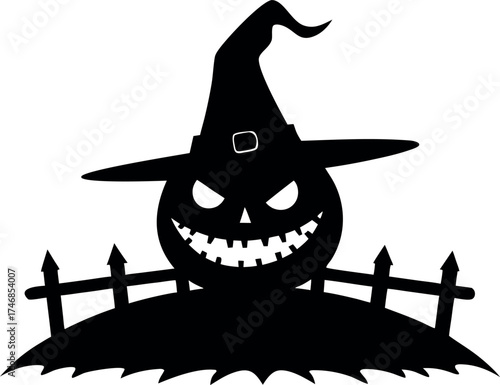 Scary Halloween pumpkin silhouette with witch’s hat and sharp teeth, spooky vector art