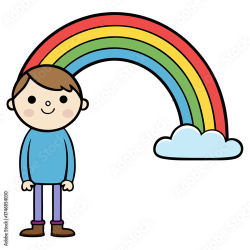 A cartoon kid admiring a colorful rainbow in the sky