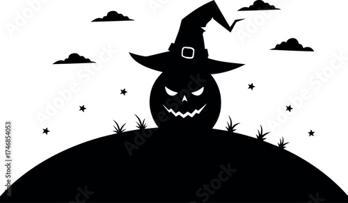 Halloween pumpkin silhouette with witch’s hat, spooky jack-o’-lantern vector design