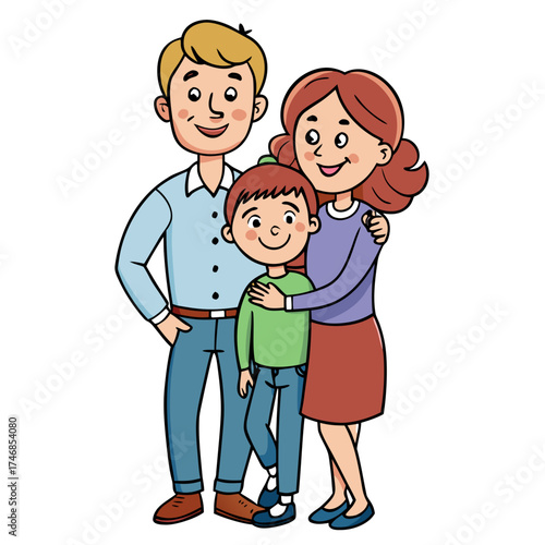 A family of three hugging together and smiling happily