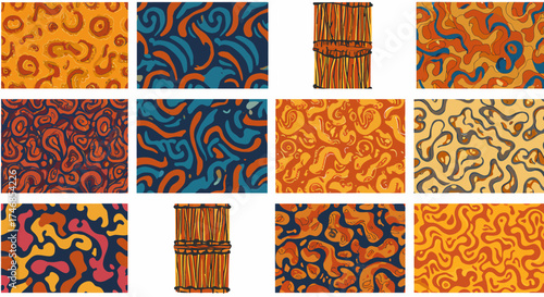 Collection of twelve tileable patterns including abstract swirls and drum illustrations