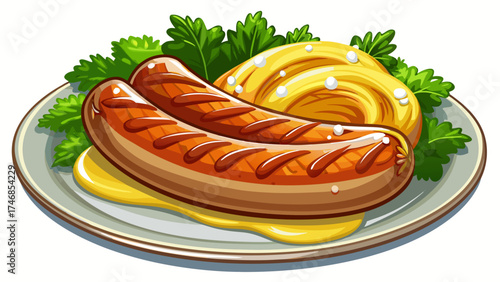 Very beautiful close-up traditional Bavarian bratwurst served on a plate with mustard and fresh parsley, vector-style illustration highlighting golden-brown sausage texture, vibrant garnishes, and app