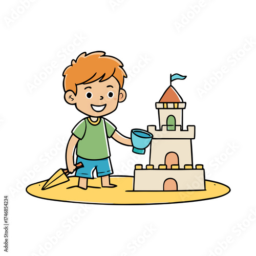 Boy building sand castle on the beach in summer