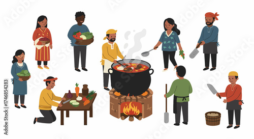 Diverse group of people cooking a large stew over a wood fire outdoors