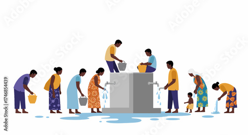 Diverse people collecting water from a communal concrete structure with spigots and buckets