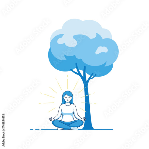 Serene woman meditating in lotus position under a tranquil tree