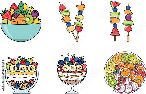 Fruit bowl illustration, fruit skewers, yogurt parfait, cereal with fruit, tropical platter, healthy snack, fresh produce, nutrition concept, vector artwork