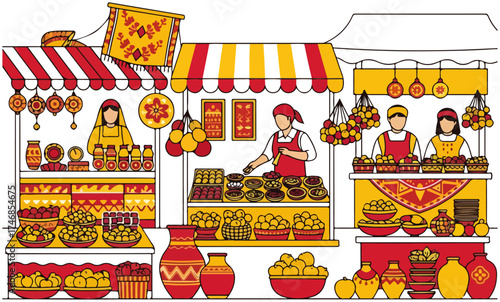 Vibrant Traditional Bazaar Scene with Diverse Goods and Vendors