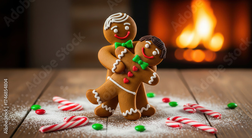 Funny Christmas scene of a gingerbread gay couple dancing by a cozy fireplace. Festive LGBTQ image celebrating love, joy, and sweet holiday fun.
