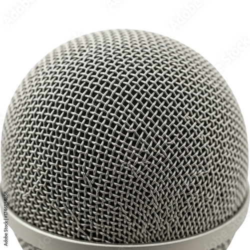 Macro close-up detail of dynamic microphone silver metallic mesh grille texture