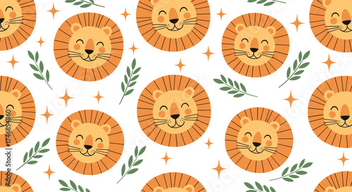 A cute and cheerful lion face pattern with leafy sprigs and sparkling stars.
