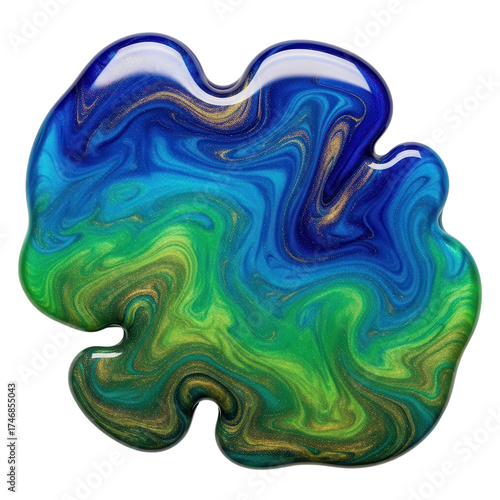 Abstract Swirling Blue Green and Gold Metallic Paint Puddle Isolated Design Element