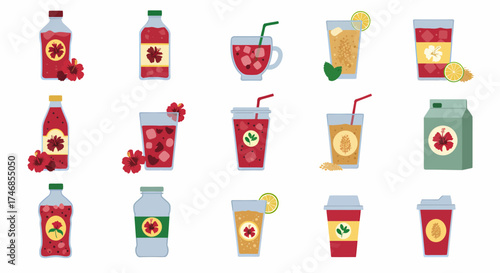 Fifteen various containers of red and tan beverages decorated with hibiscus flowers